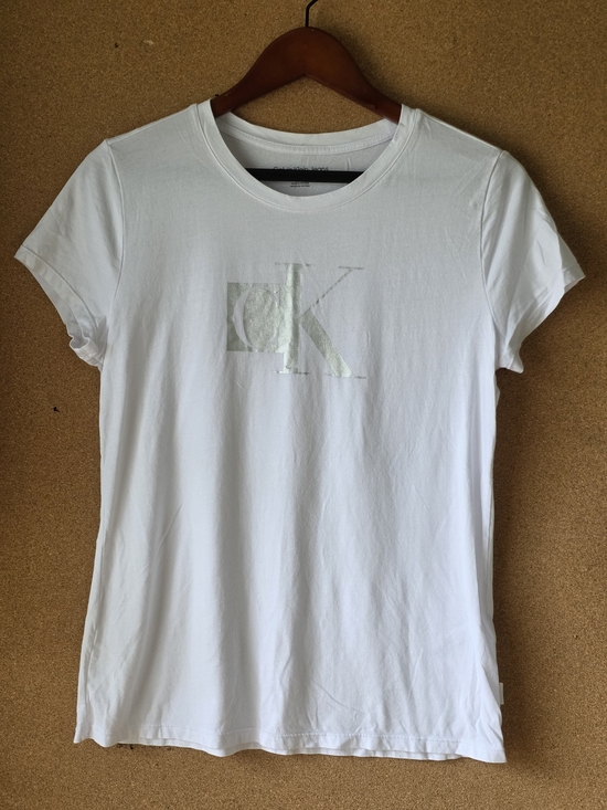 Calvin Klein Tops - Calvin Klein White CK Logo Tee Metallic Silver Graphic Cotton Modal L